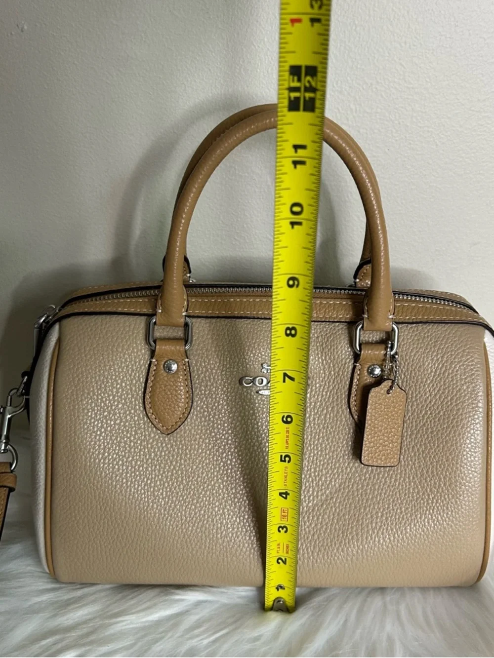 Coach Rowan Satchel Taupe Chalk White Pebbled Leather Bag Excellent - Picture 12 of 13